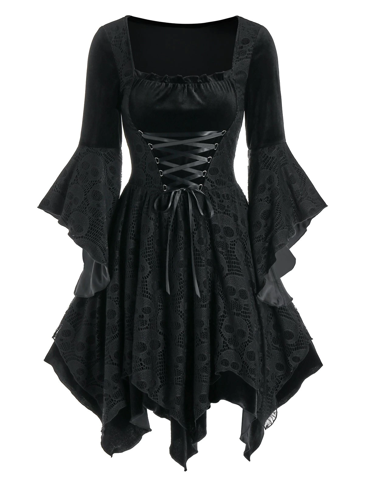 Halloween Skull Lace Insert Velvet Handkerchief Dress